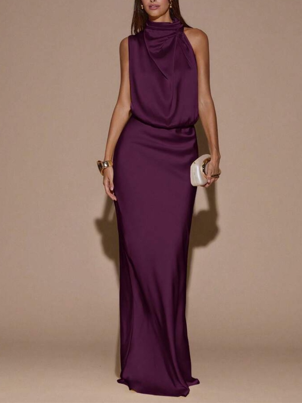 Elegant Satin Halter Evening Dress in Purple
